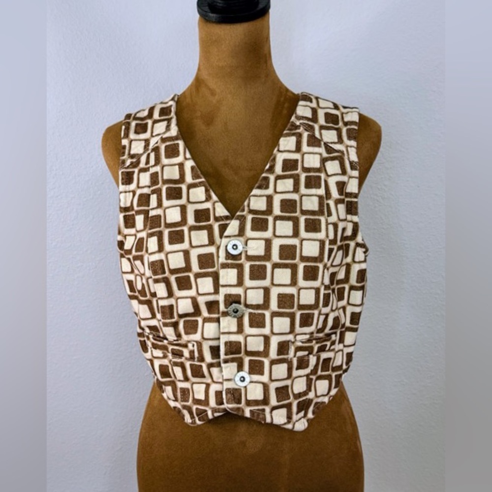 Ragged Jeans Waistcoat Vest Womens Medium Brown Geometric Cropped Denim top‎